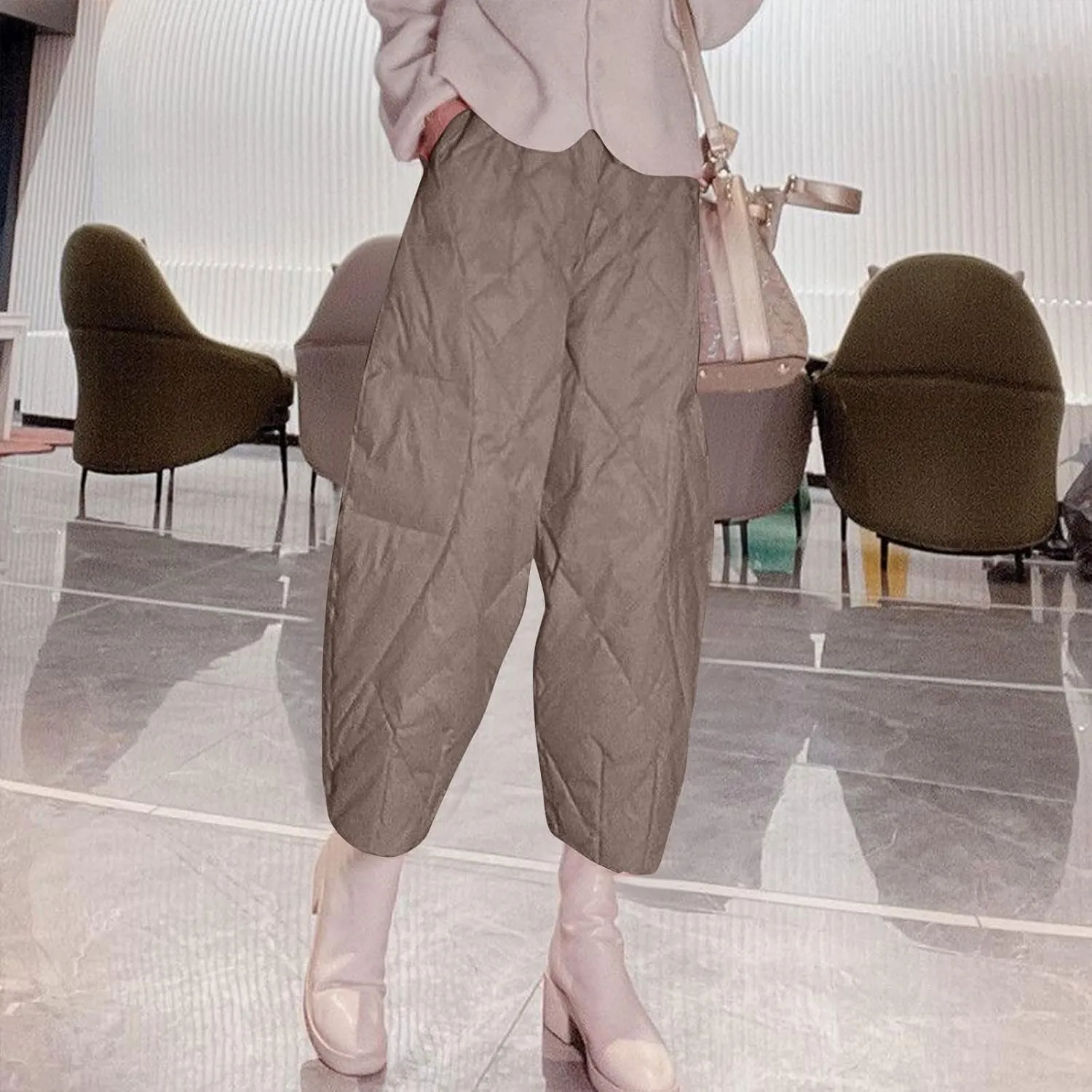 HGps8w Lightweight Baggy Down Cotton Pants for Women Plus Size Casual Warm Winter Padded Quilted Insulation Harem Pants