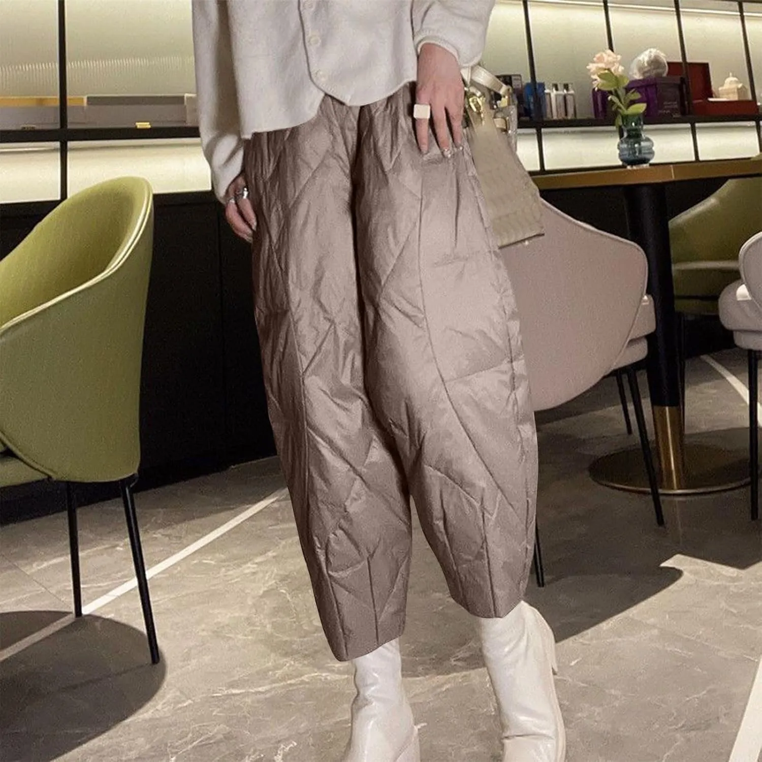 HGps8w Lightweight Baggy Down Cotton Pants for Women Plus Size Casual Warm Winter Padded Quilted Insulation Harem Pants