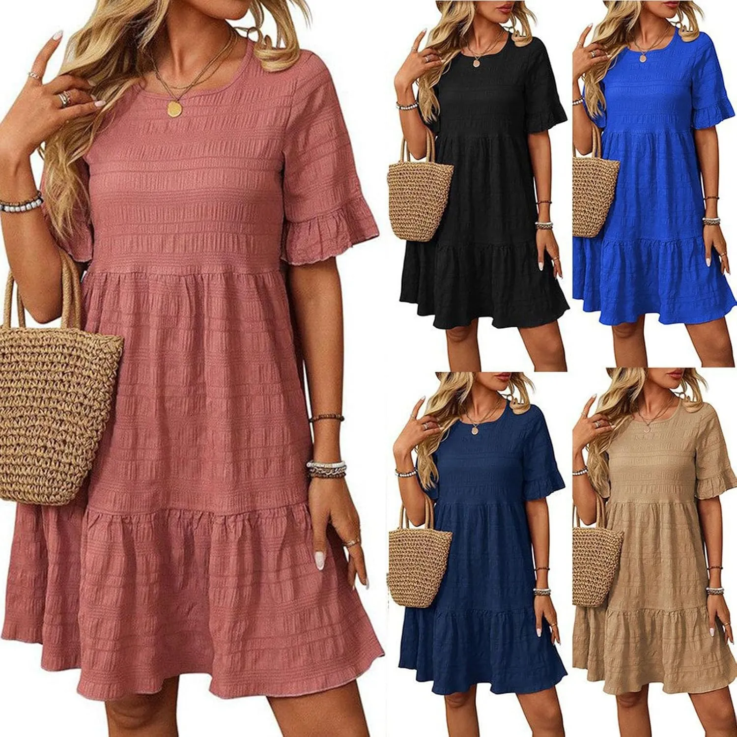 HGps8w Summer Dress for Women Boho Ruffle Trim Casual Crew Neck Loose Short Sleeve Swing Mini Beach Sun Dress
