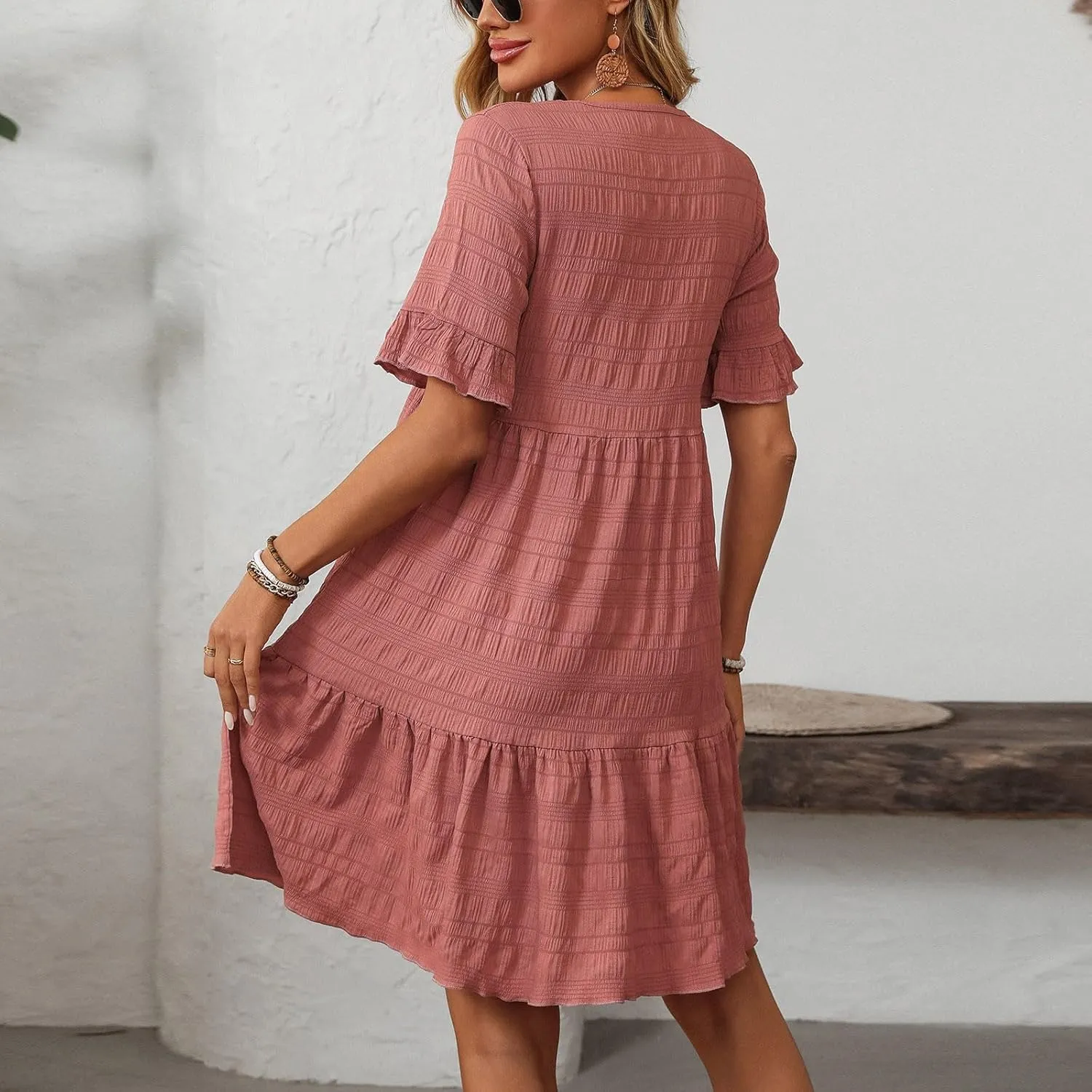 HGps8w Summer Dress for Women Boho Ruffle Trim Casual Crew Neck Loose Short Sleeve Swing Mini Beach Sun Dress