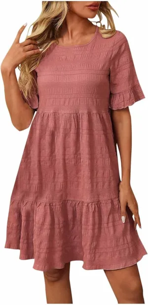HGps8w Summer Dress for Women Boho Ruffle Trim Casual Crew Neck Loose Short Sleeve Swing Mini Beach Sun Dress
