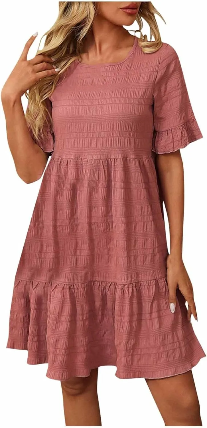 HGps8w Summer Dress for Women Boho Ruffle Trim Casual Crew Neck Loose Short Sleeve Swing Mini Beach Sun Dress