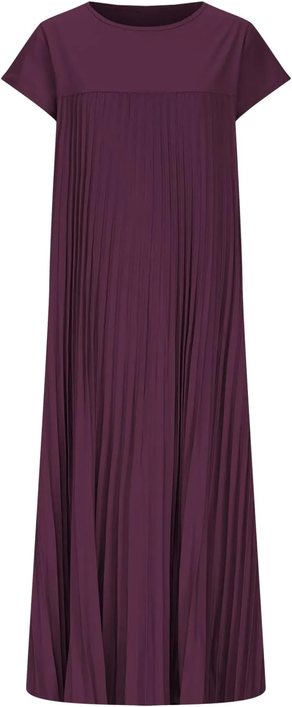 HGps8w Summer Dresses for Women 2025 Elegant Pleated A-Line Swing Wedding Guests Dress Loose Cap Sleeve Solid Midi Skirt