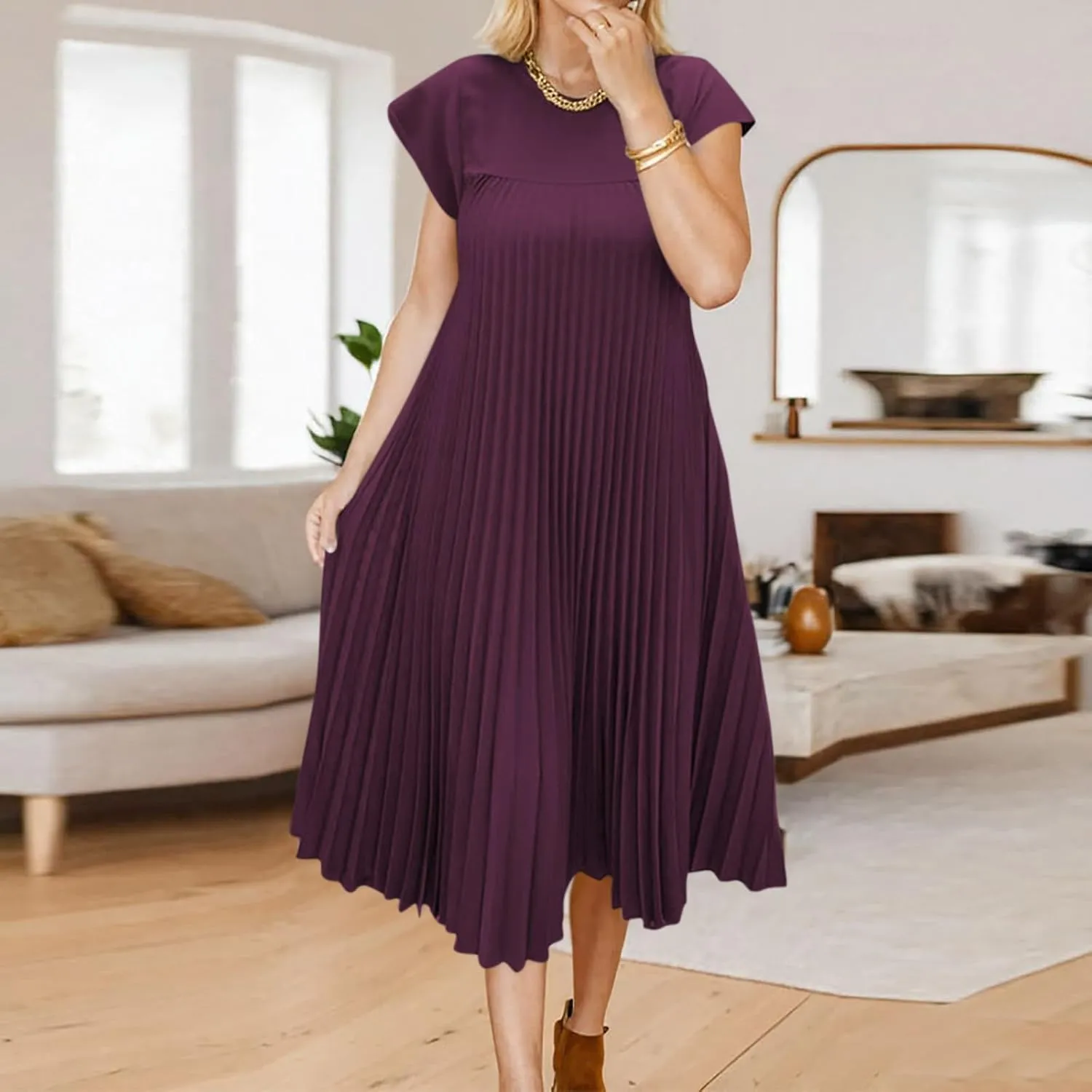 HGps8w Summer Dresses for Women 2025 Elegant Pleated A-Line Swing Wedding Guests Dress Loose Cap Sleeve Solid Midi Skirt