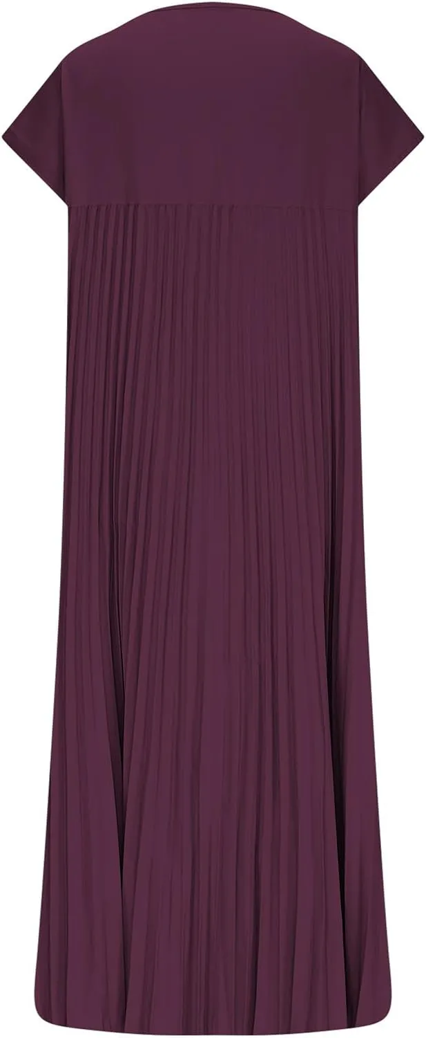 HGps8w Summer Dresses for Women 2025 Elegant Pleated A-Line Swing Wedding Guests Dress Loose Cap Sleeve Solid Midi Skirt