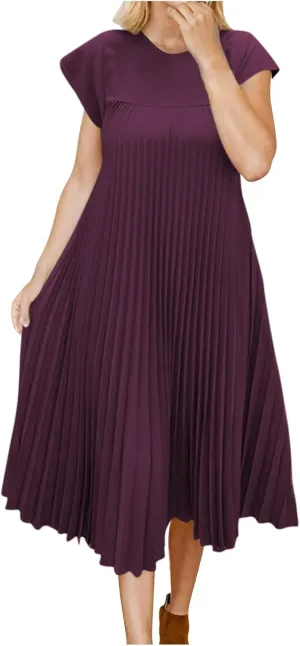 HGps8w Summer Dresses for Women 2025 Elegant Pleated A-Line Swing Wedding Guests Dress Loose Cap Sleeve Solid Midi Skirt