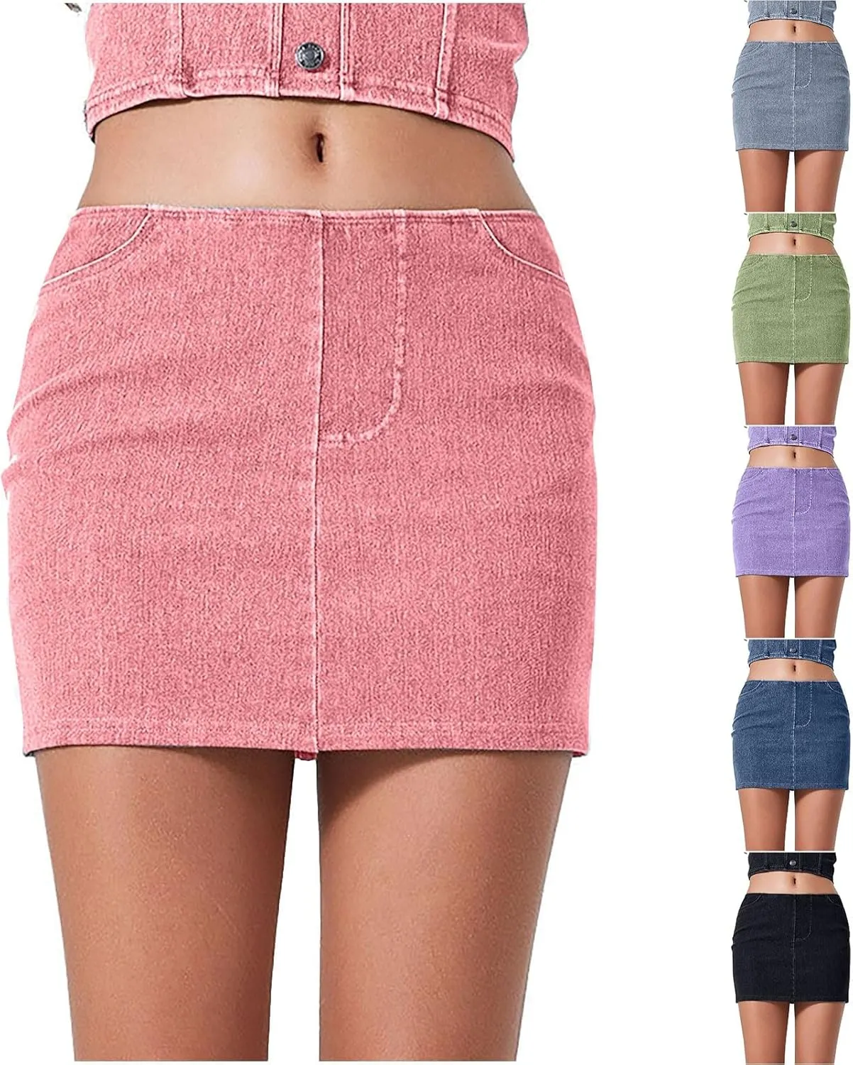 HGps8w Womens Bodycon Mini Denim Skirt with Bulit in Self Shorts, High Waisted Casual Stretch Short Jean Skirt with Pockets