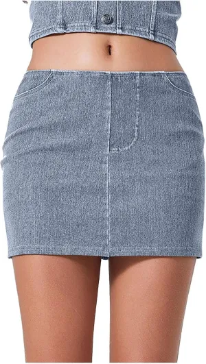 HGps8w Womens Bodycon Mini Denim Skirt with Bulit in Self Shorts, High Waisted Casual Stretch Short Jean Skirt with Pockets
