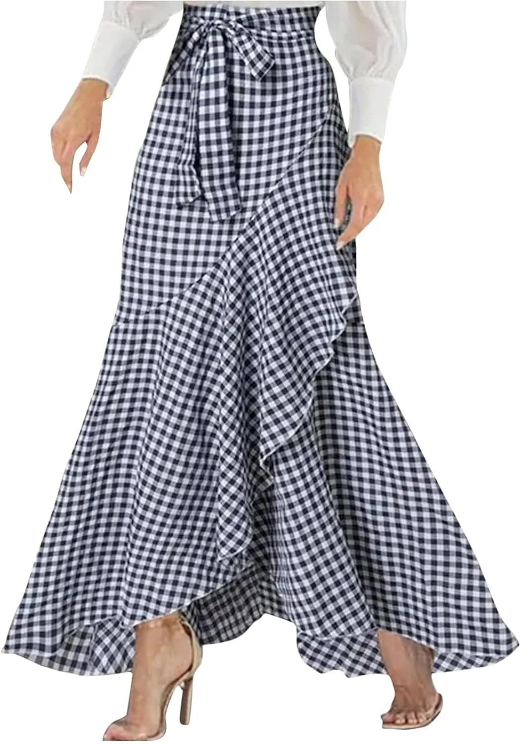 HGps8w Women's Elegant Plaid Maxi Skirt Ruffle Hem High Waisted Asymmetrical Belted Flowy Long Skirts