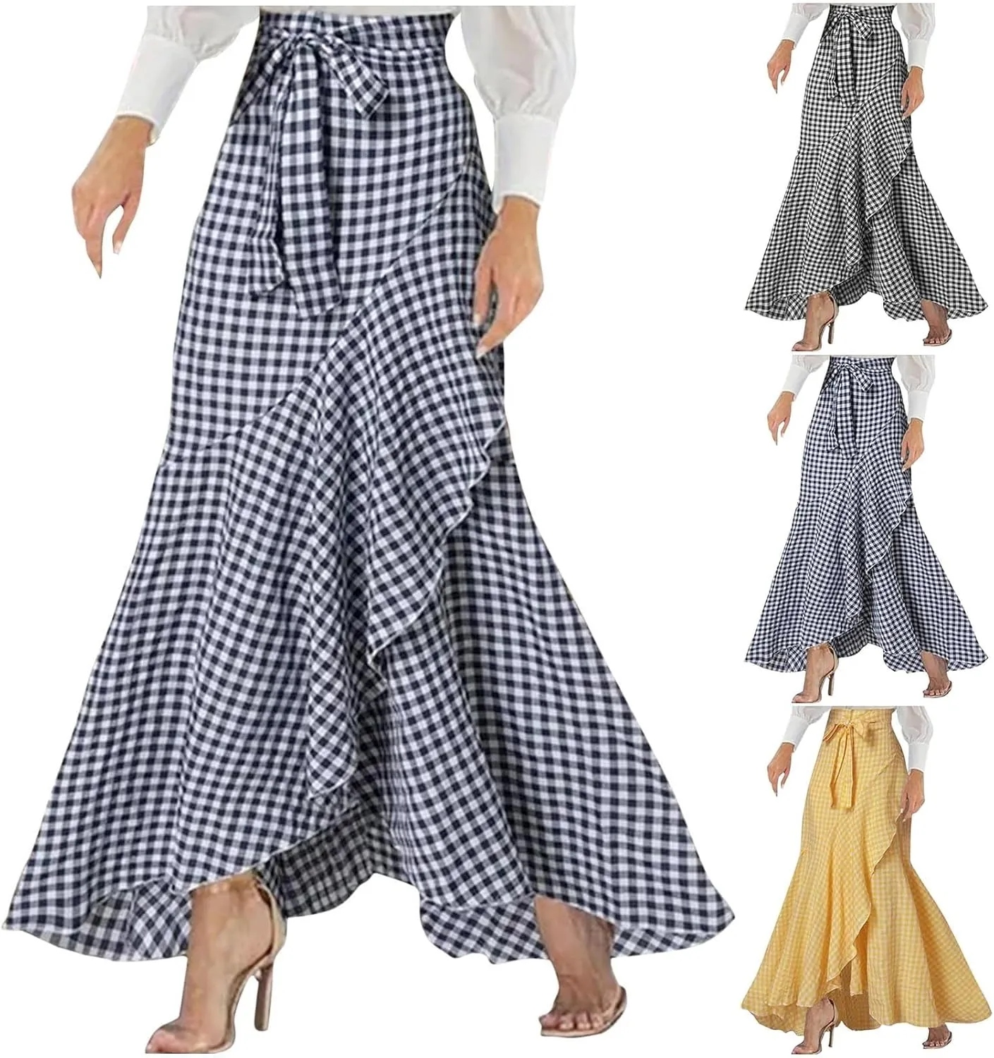HGps8w Women's Elegant Plaid Maxi Skirt Ruffle Hem High Waisted Asymmetrical Belted Flowy Long Skirts