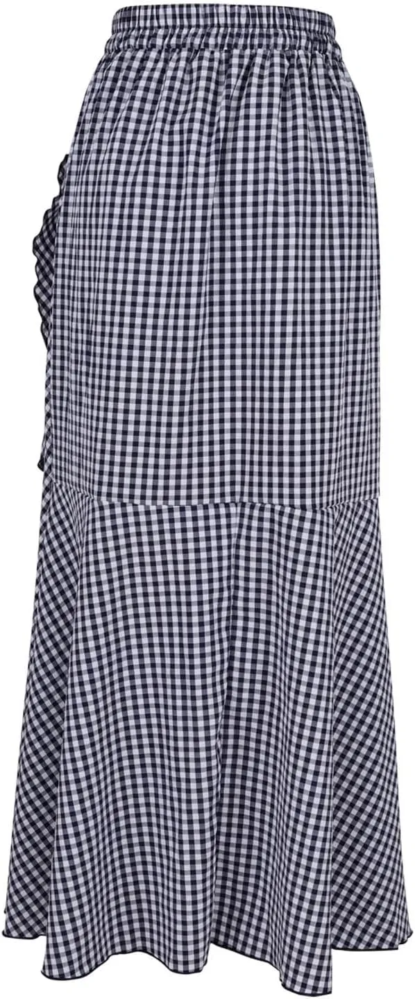 HGps8w Women's Elegant Plaid Maxi Skirt Ruffle Hem High Waisted Asymmetrical Belted Flowy Long Skirts