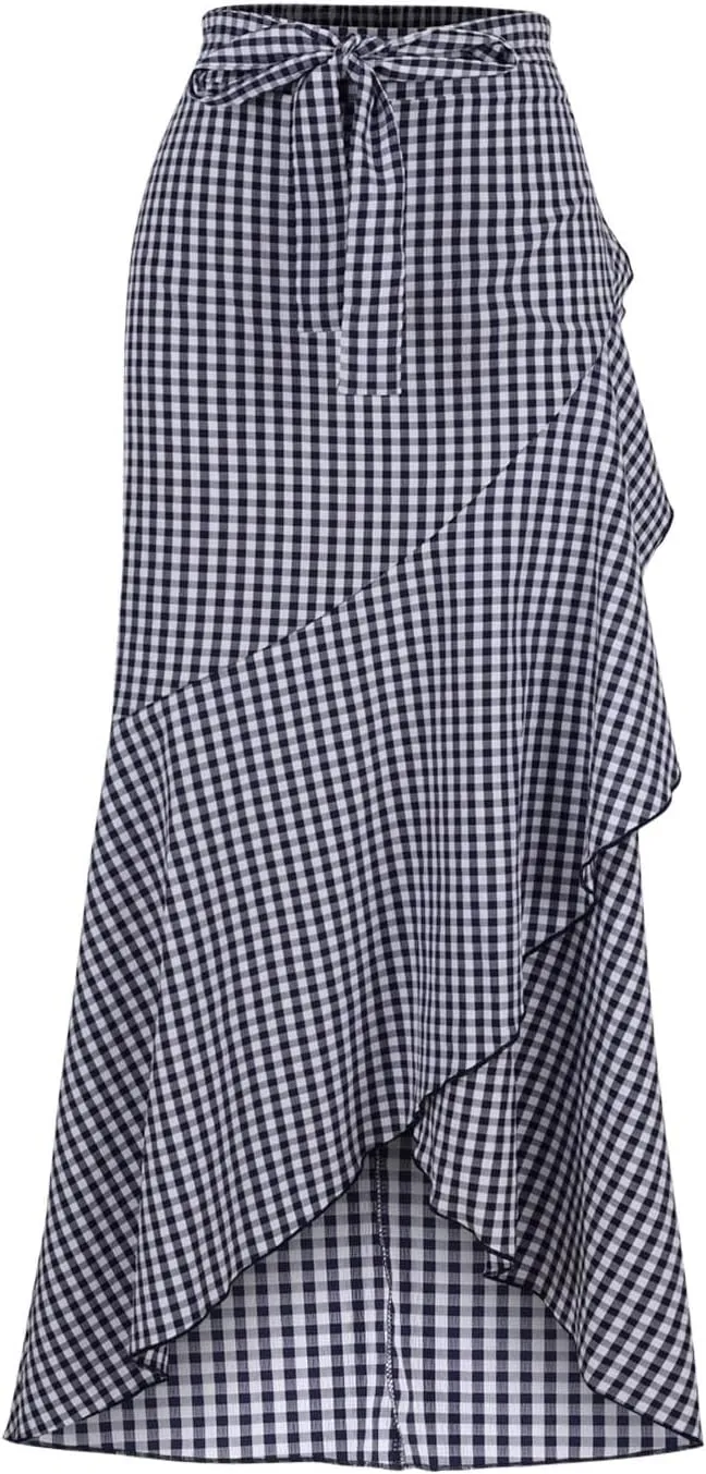 HGps8w Women's Elegant Plaid Maxi Skirt Ruffle Hem High Waisted Asymmetrical Belted Flowy Long Skirts