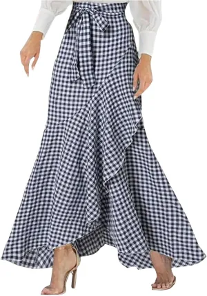 HGps8w Women's Elegant Plaid Maxi Skirt Ruffle Hem High Waisted Asymmetrical Belted Flowy Long Skirts