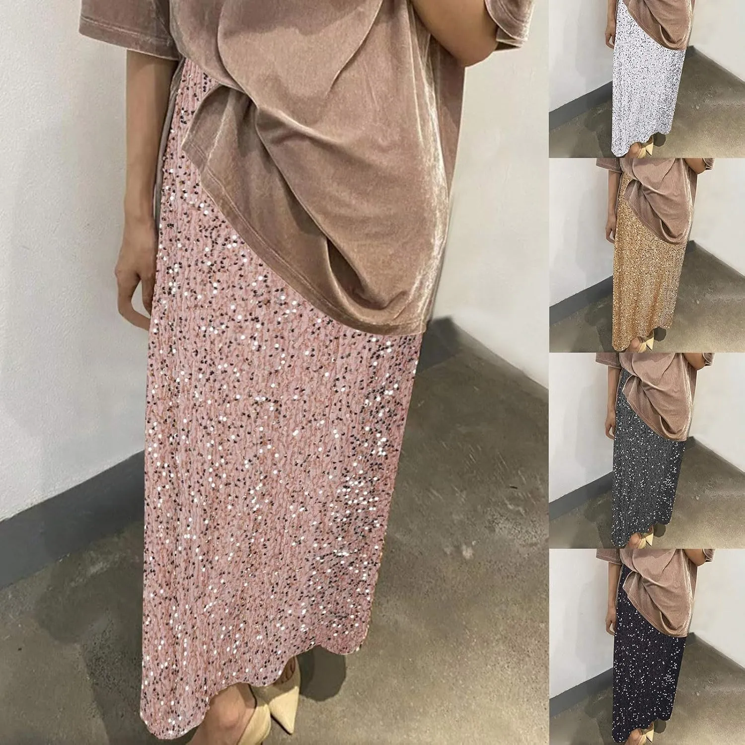 HGps8w Women's Sparkly Sequin Maxi Skirt Loose Elastic Waist Glitter Pencil Skirt Elegant Cocktail Evening Party Dresses