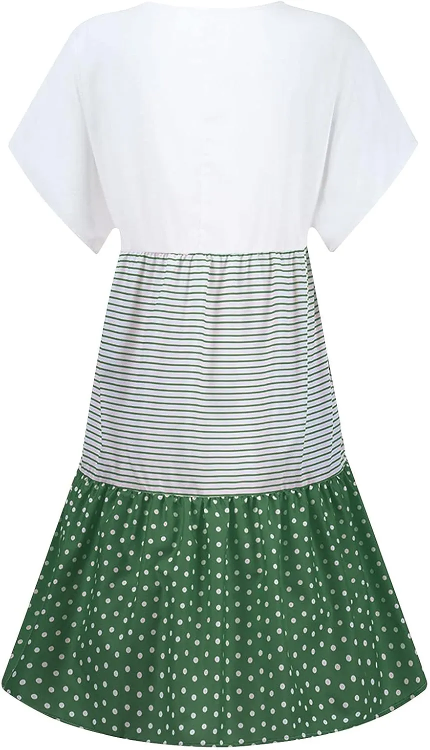 hlysgo Summer Dresses for Women Plus Size Short Sleeve V Neck Mini Dress Trendy Polka Dots Stripes Knee Length Peplum Dress