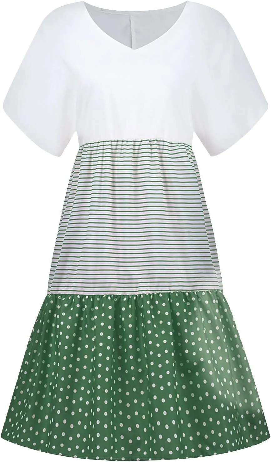 hlysgo Summer Dresses for Women Plus Size Short Sleeve V Neck Mini Dress Trendy Polka Dots Stripes Knee Length Peplum Dress