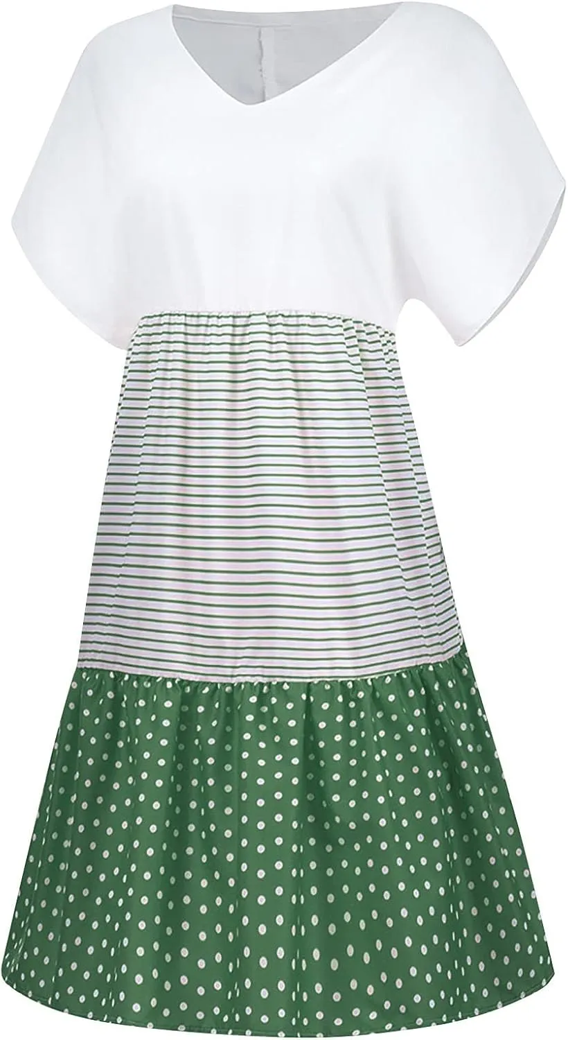 hlysgo Summer Dresses for Women Plus Size Short Sleeve V Neck Mini Dress Trendy Polka Dots Stripes Knee Length Peplum Dress