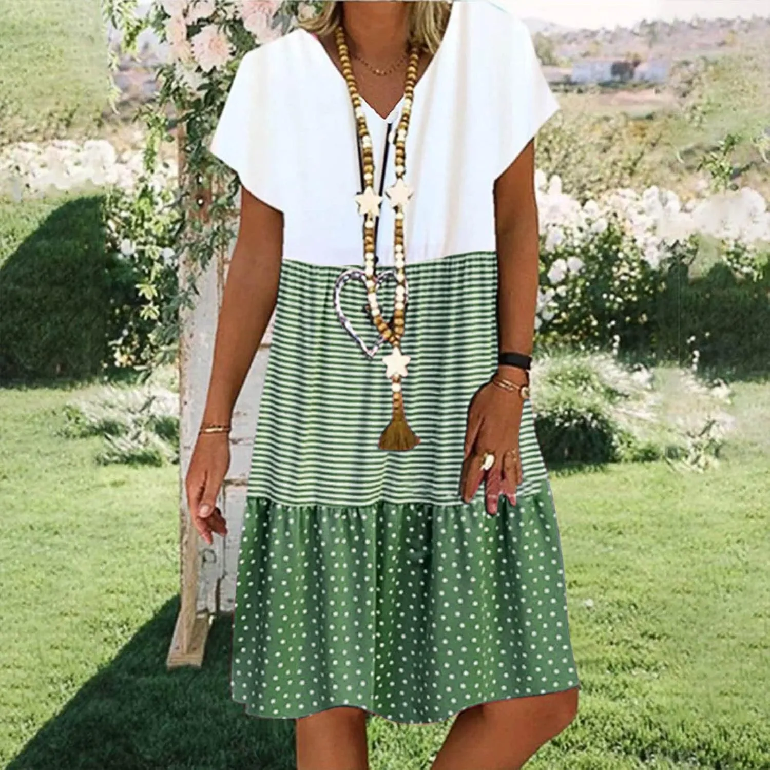 hlysgo Summer Dresses for Women Plus Size Short Sleeve V Neck Mini Dress Trendy Polka Dots Stripes Knee Length Peplum Dress