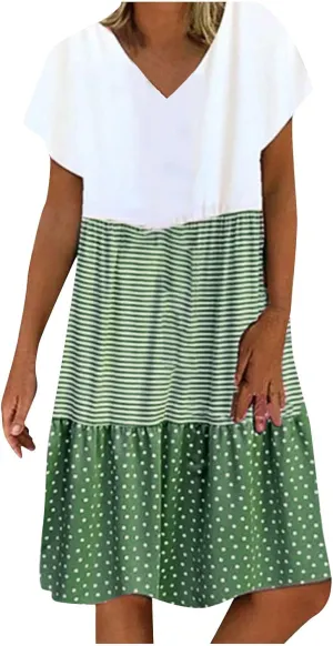 hlysgo Summer Dresses for Women Plus Size Short Sleeve V Neck Mini Dress Trendy Polka Dots Stripes Knee Length Peplum Dress