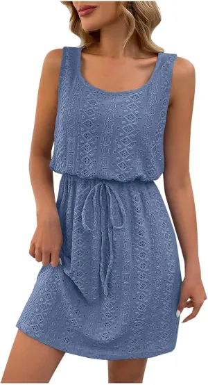 hlysgo Women Petite Sundress Summer Hollow Out Sleeveless Square Neck Beach Dresses Drawstring Waist Mini Dress for Vacation