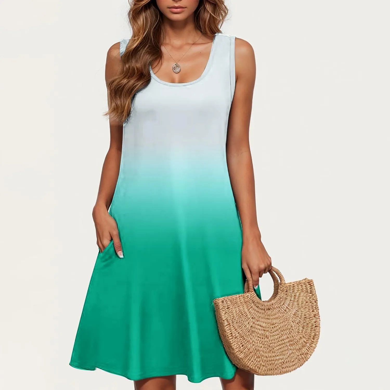 hlysgo Womens Coverup Dress 2025 Summer Sleeveless Crew Neck Mini Dress Trendy Gradient Short Beach Sundress with Pockets