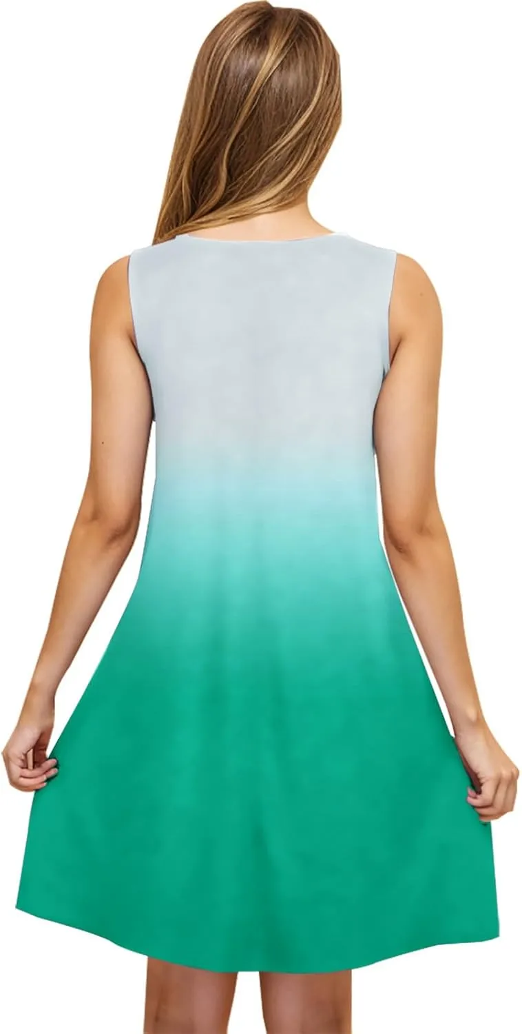 hlysgo Womens Coverup Dress 2025 Summer Sleeveless Crew Neck Mini Dress Trendy Gradient Short Beach Sundress with Pockets