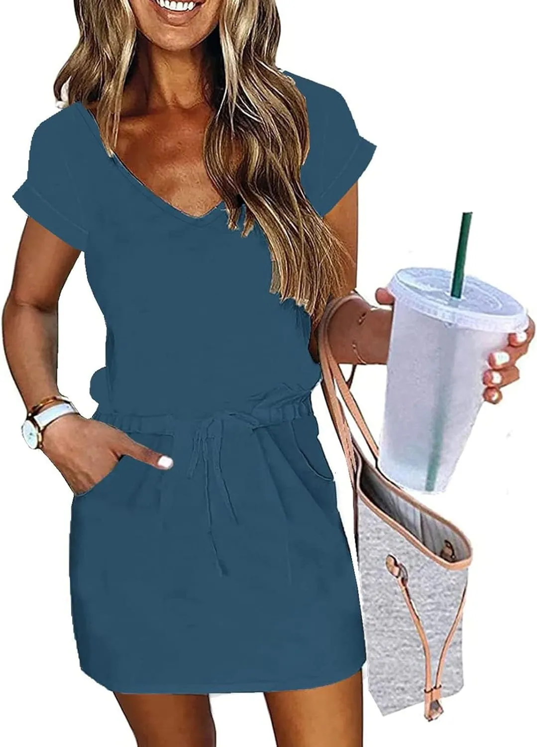 hlysgo Womens Summer Dress 2025 Trendy Short Sleeve V Neck Casual Dresses Drawstring Waist A-Line Mini Dress with Pockets