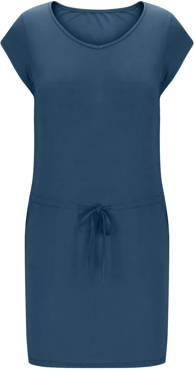 hlysgo Womens Summer Dress 2025 Trendy Short Sleeve V Neck Casual Dresses Drawstring Waist A-Line Mini Dress with Pockets
