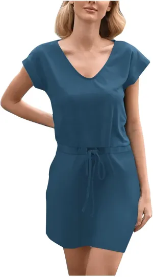 hlysgo Womens Summer Dress 2025 Trendy Short Sleeve V Neck Casual Dresses Drawstring Waist A-Line Mini Dress with Pockets