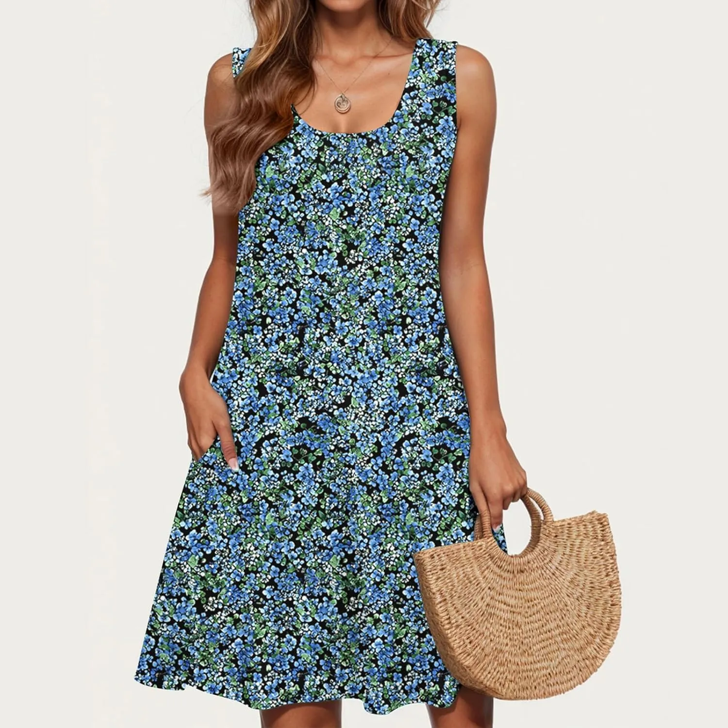 hlysgo Womens Summer Dresses 2025 Trendy Floral Print Sleeveless Crew Neck Tank Mini Dress A-Line Flowy Short Beach Sundress