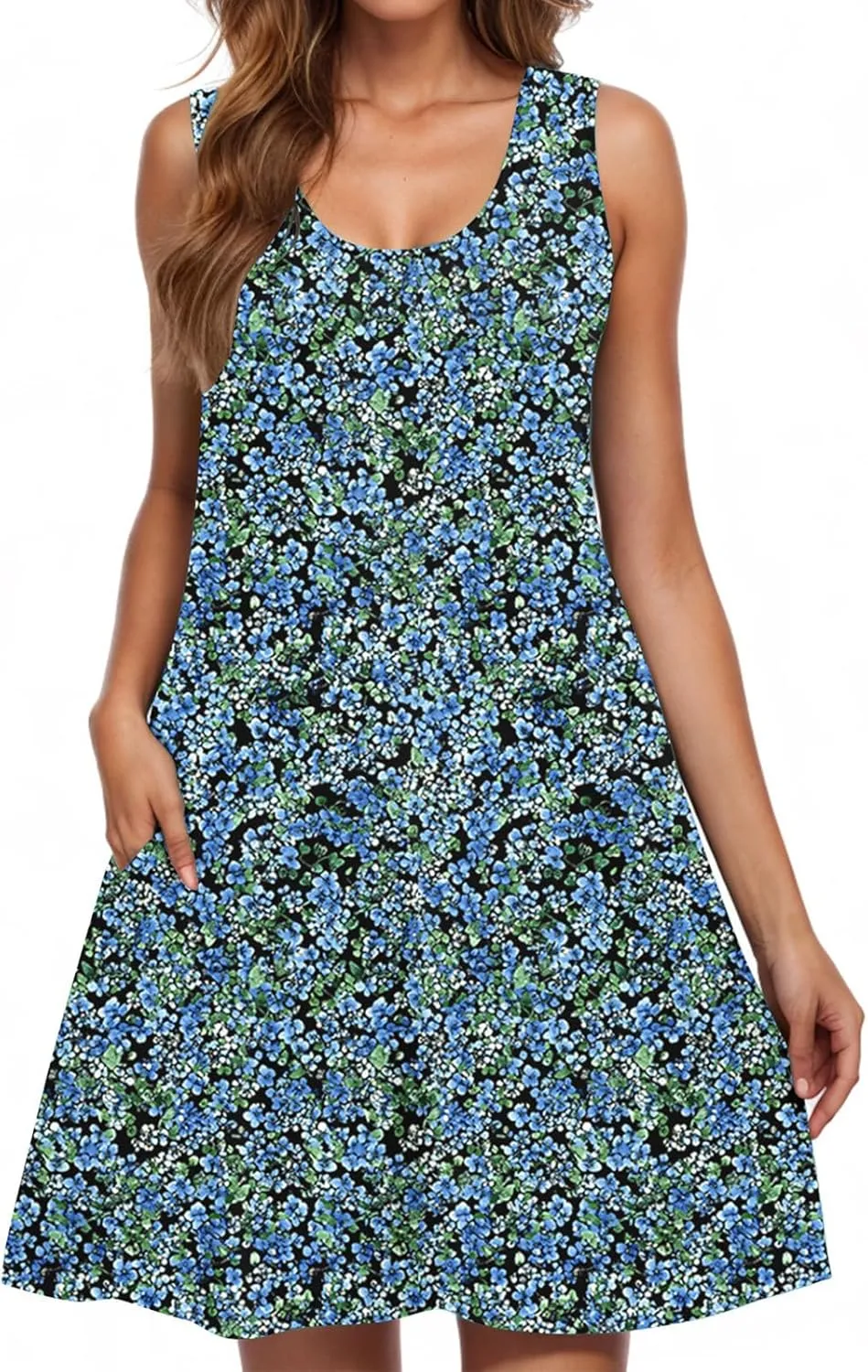hlysgo Womens Summer Dresses 2025 Trendy Floral Print Sleeveless Crew Neck Tank Mini Dress A-Line Flowy Short Beach Sundress