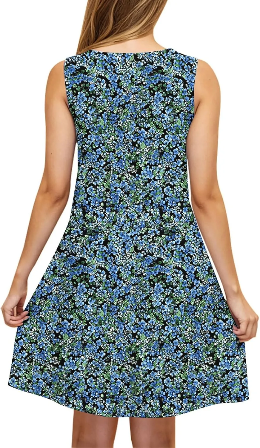 hlysgo Womens Summer Dresses 2025 Trendy Floral Print Sleeveless Crew Neck Tank Mini Dress A-Line Flowy Short Beach Sundress