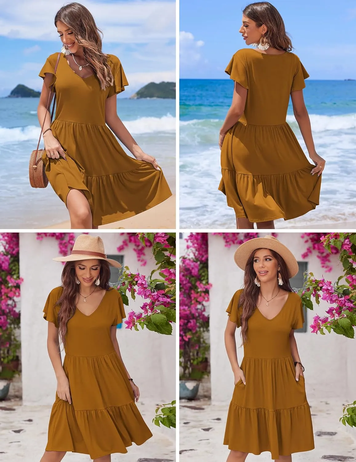 HOTOUCH Women's Casual Tiered Dress with Pockets V Neck Ruffle Dress Cap Sleeve Swing Mini Dress A-Line Dresses