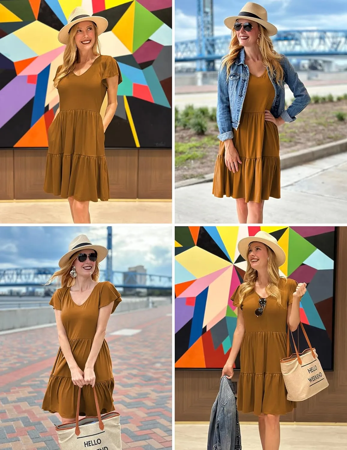 HOTOUCH Women's Casual Tiered Dress with Pockets V Neck Ruffle Dress Cap Sleeve Swing Mini Dress A-Line Dresses