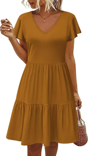 HOTOUCH Women's Casual Tiered Dress with Pockets V Neck Ruffle Dress Cap Sleeve Swing Mini Dress A-Line Dresses