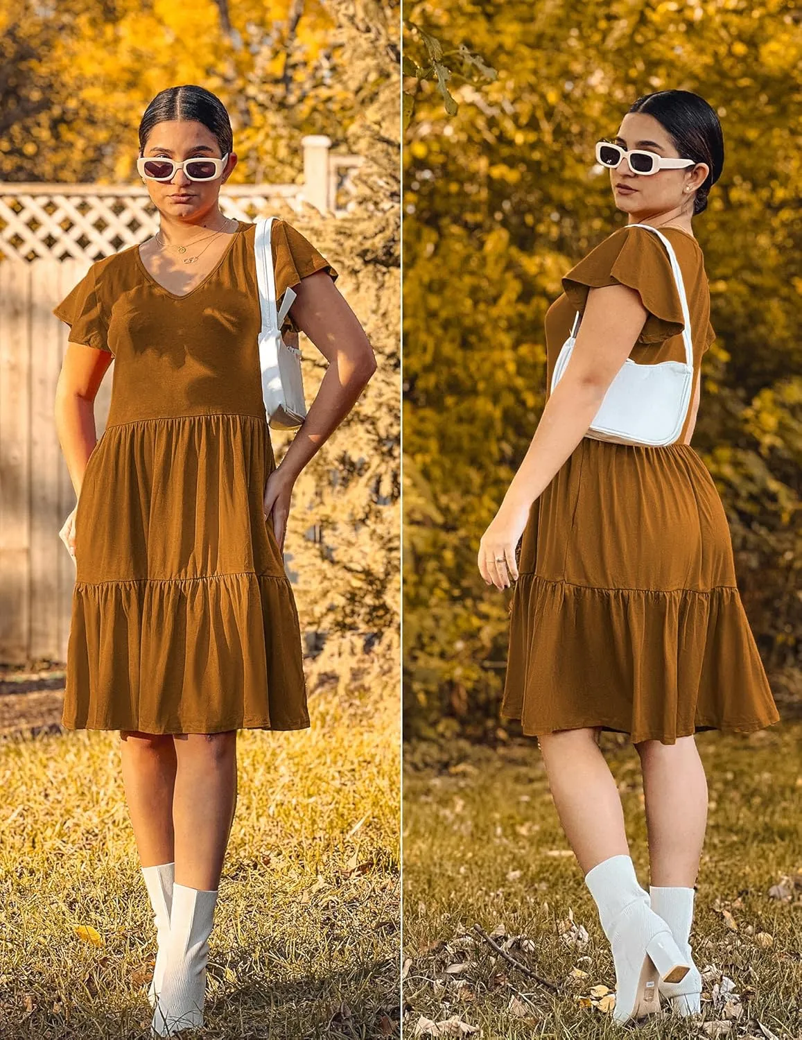 HOTOUCH Women's Casual Tiered Dress with Pockets V Neck Ruffle Dress Cap Sleeve Swing Mini Dress A-Line Dresses