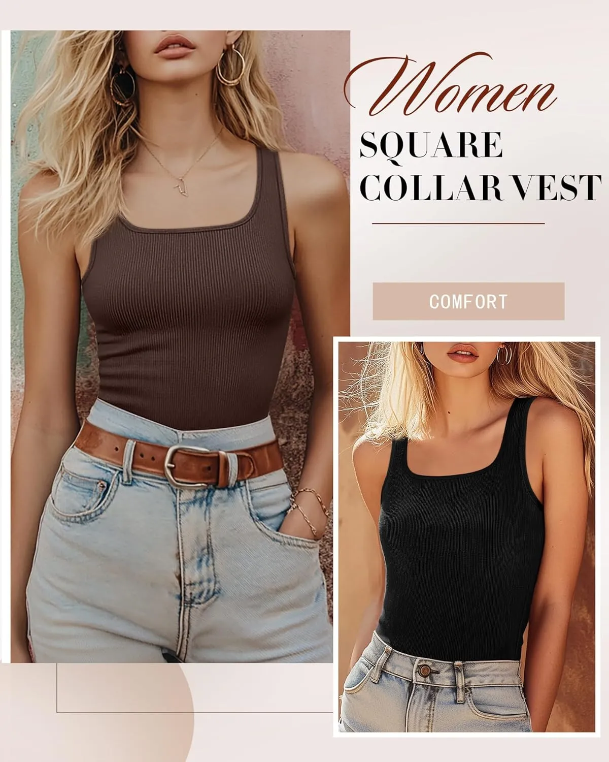 Huukeay 3 Pack Women's Cotton Ribbed Tank Tops, Square Neck Slim Fit Sleeveless Shirts Summer Knit Casual Basic Cami Tee