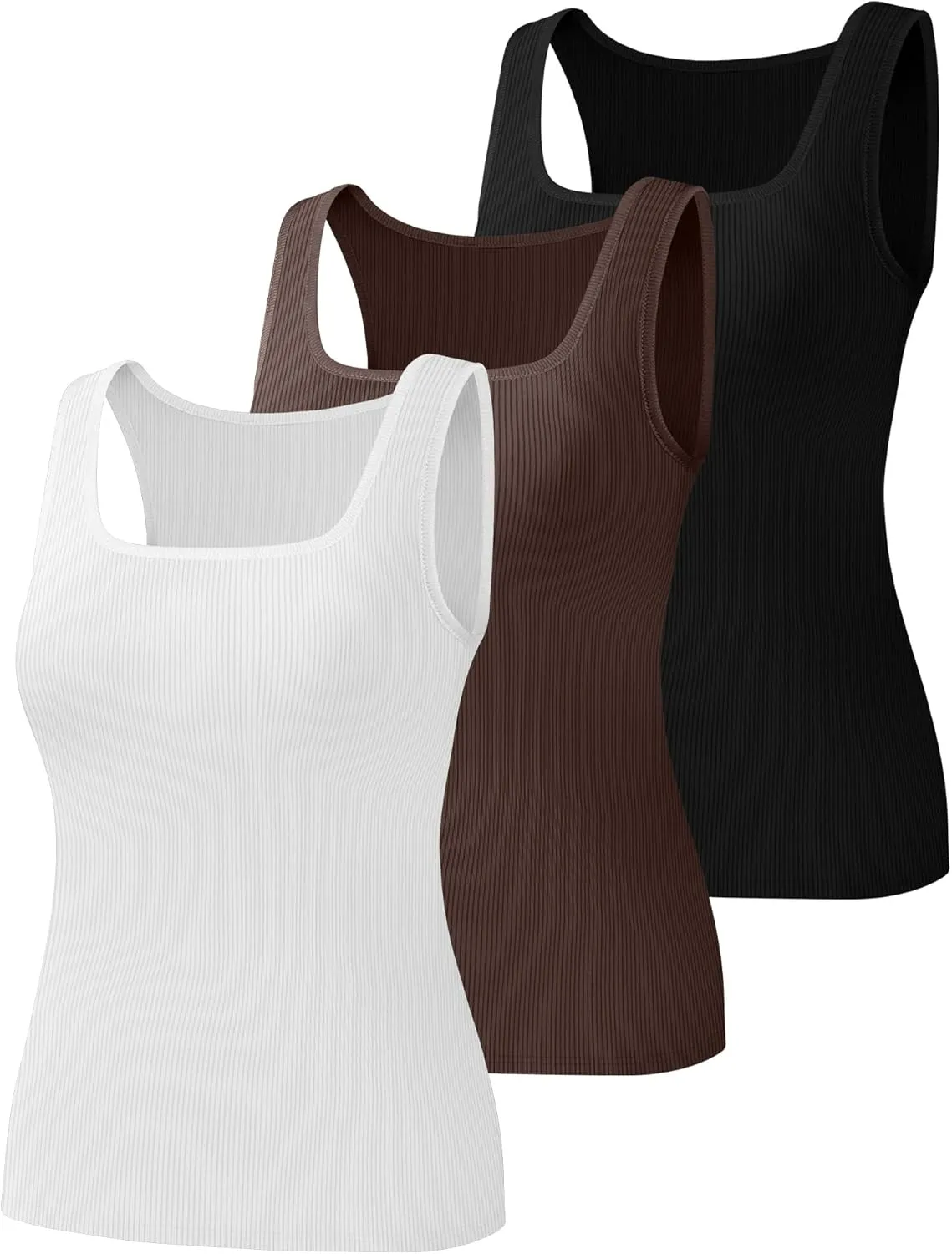 Huukeay 3 Pack Women's Cotton Ribbed Tank Tops, Square Neck Slim Fit Sleeveless Shirts Summer Knit Casual Basic Cami Tee
