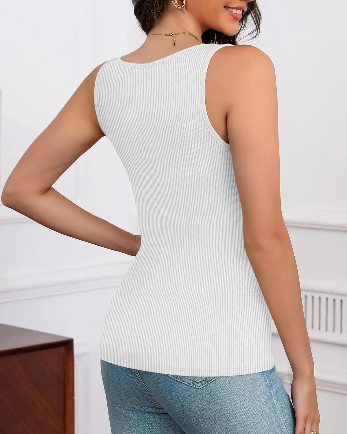 Huukeay 3 Pack Women's Cotton Ribbed Tank Tops, Square Neck Slim Fit Sleeveless Shirts Summer Knit Casual Basic Cami Tee