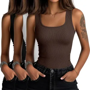 Huukeay 3 Pack Women's Cotton Ribbed Tank Tops, Square Neck Slim Fit Sleeveless Shirts Summer Knit Casual Basic Cami Tee
