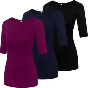 Huukeay 3 Pack Women's Half Sleeve T Shirt 1/2 Sleeve T Shirt Tops Womens Basic Round Neck Slim Fit Stretchy Tees