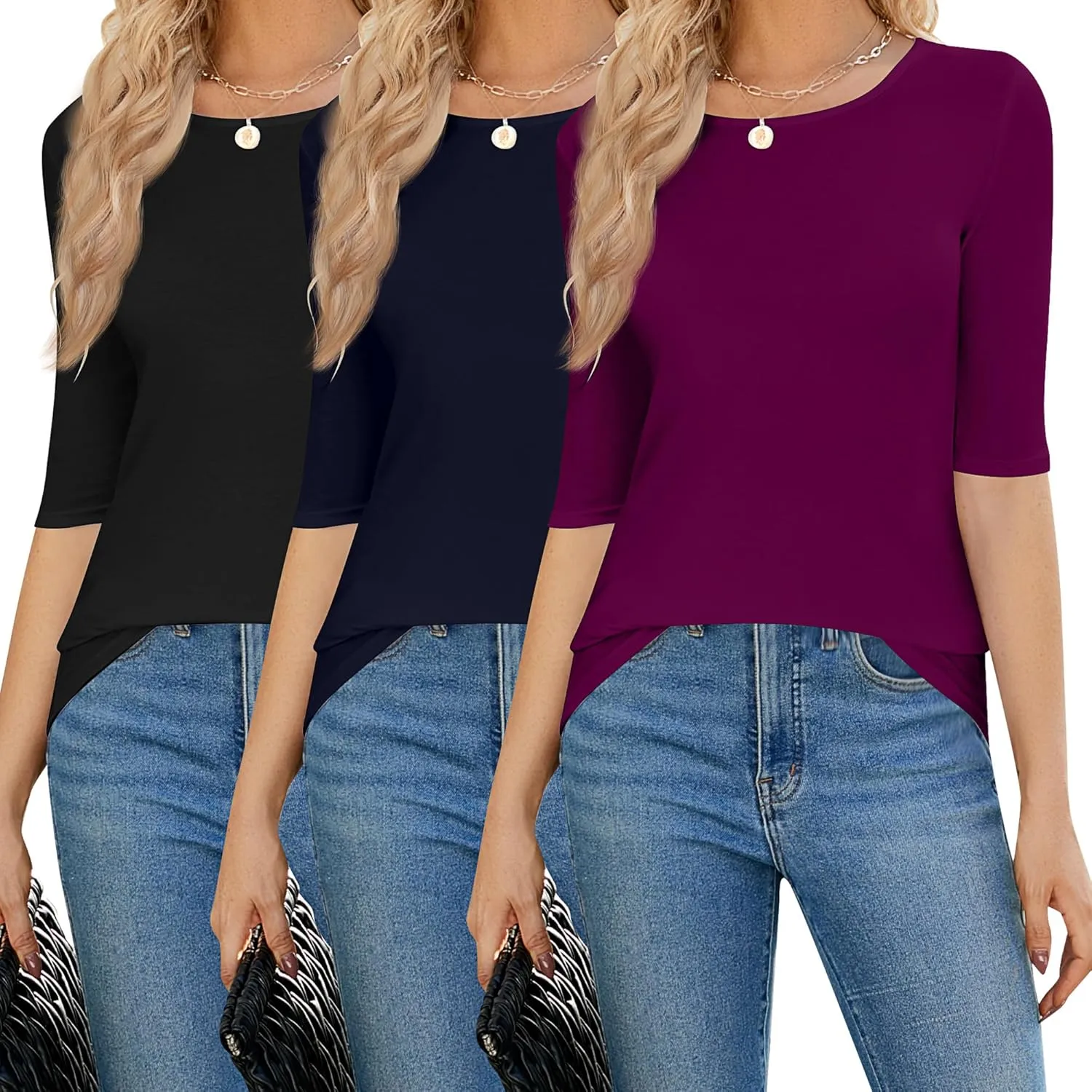 Huukeay 3 Pack Women's Half Sleeve T Shirt 1/2 Sleeve T Shirt Tops Womens Basic Round Neck Slim Fit Stretchy Tees