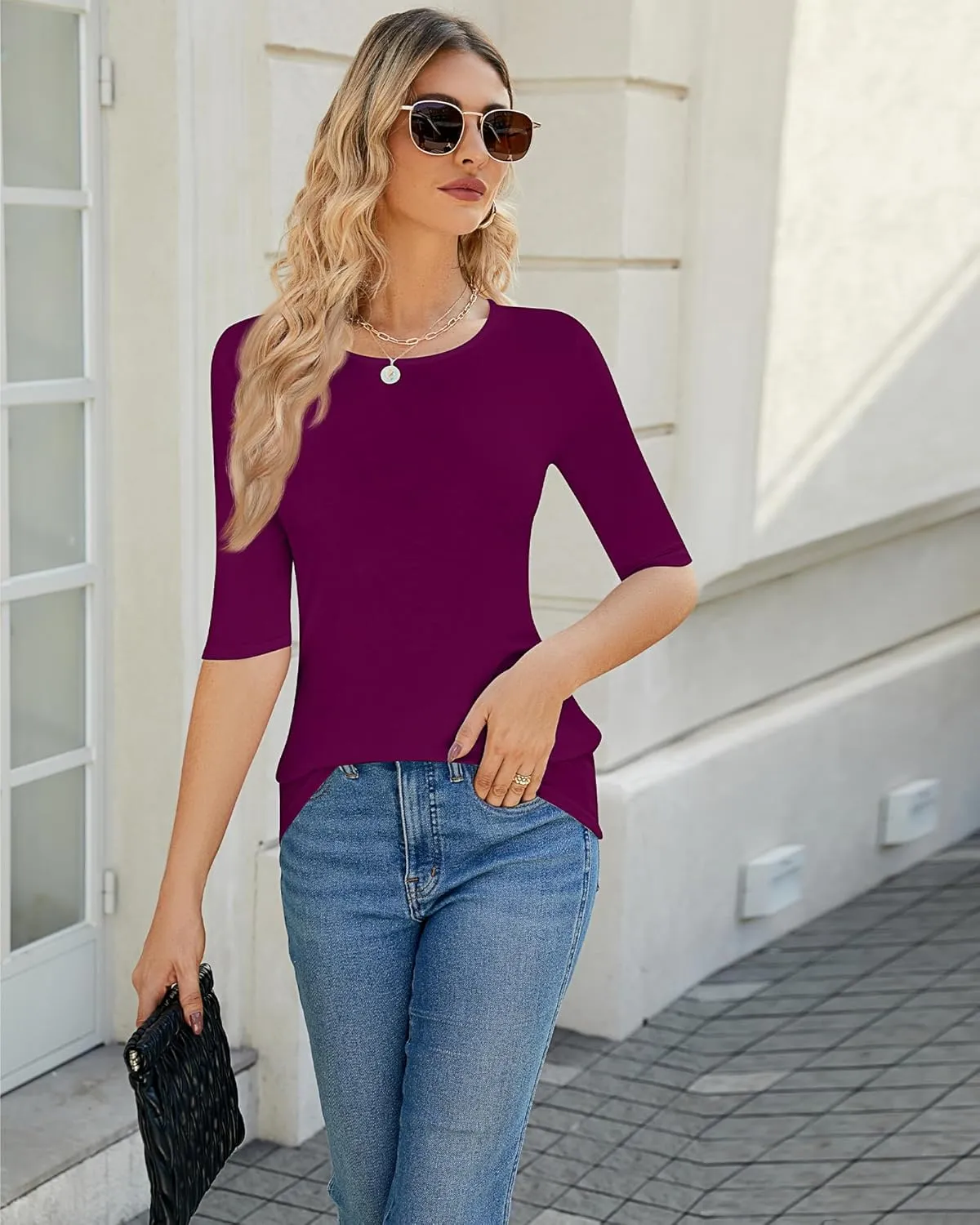 Huukeay 3 Pack Women's Half Sleeve T Shirt 1/2 Sleeve T Shirt Tops Womens Basic Round Neck Slim Fit Stretchy Tees