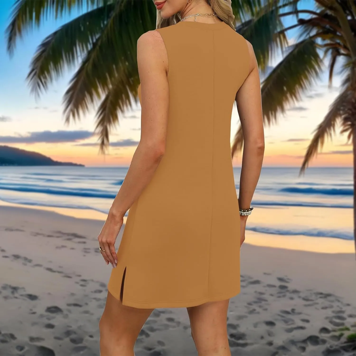HXHYQKP Beach Vacation Clothes for Women Summer Solid Dress V-Neck Casual Loose Sleeveless Sundress with Split
