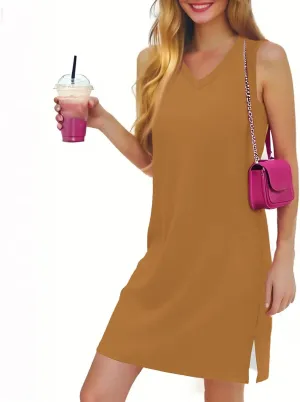 HXHYQKP Beach Vacation Clothes for Women Summer Solid Dress V-Neck Casual Loose Sleeveless Sundress with Split