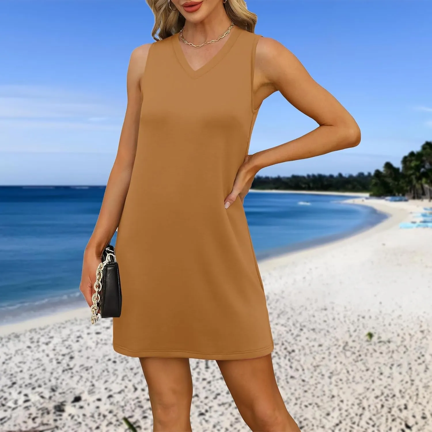HXHYQKP Beach Vacation Clothes for Women Summer Solid Dress V-Neck Casual Loose Sleeveless Sundress with Split