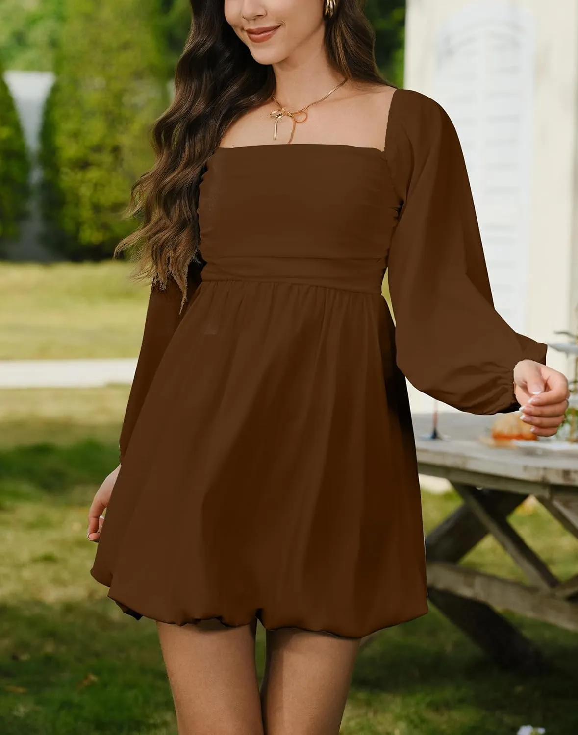 HYPERFIRE Women's Square Neck Pleated Long Sleeve Mini Dress Smocked A Lind Bubble Wedding Dresses