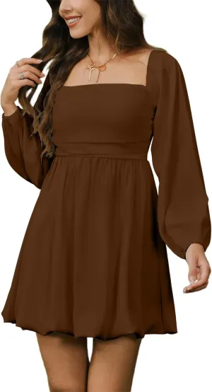 HYPERFIRE Women's Square Neck Pleated Long Sleeve Mini Dress Smocked A Lind Bubble Wedding Dresses