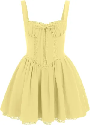 IBTOM CASTLE Corset Mini Dress for Women: Ladeis Boho Summer Floral Dress Sleeveless Spaghetti Straps Backless Casual Dress Lace Up Sundress Cottagecore Ruffle Short Beach Bustier Dresses Yellow L