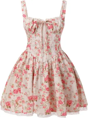 IBTOM CASTLE Corset Mini Dress for Women: Ladeis Boho Summer Floral Dress Sleeveless Spaghetti Straps Backless Dress Lace Up Sundress Cottagecore Ruffle Short Beach Bustier Dresses Pink Floral L